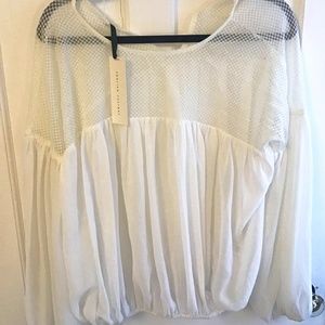 English Factory Anthropologie White Blouson Cinched Waist Smocked Bubble Top S